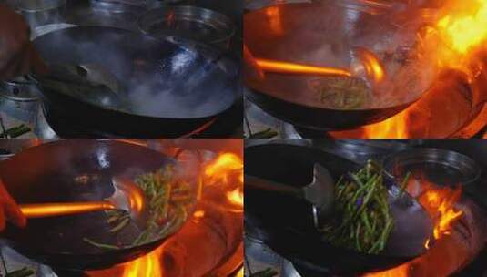 厨师炒菜爆炒豆角美食烹饪特写高清在线视频素材下载