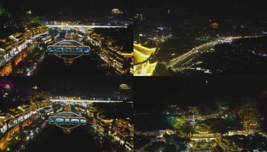 湖南省凤凰古城旅游夜景航拍4K素材合集高清在线视频素材下载