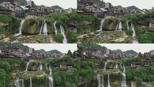 湖南湘西芙蓉镇瀑布流水航拍高清在线视频素材下载