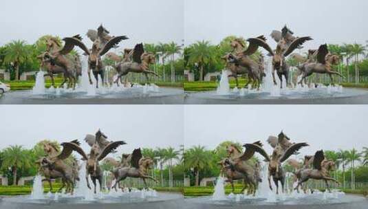 小区 水池 喷泉 飞马 雕塑 水景高清在线视频素材下载