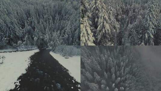 航拍冬季森林河流雪松雾气森林下雪天雪景高清在线视频素材下载