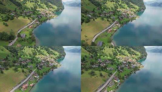 空中无人机镜头。飞越瑞士村庄和湖泊高清在线视频素材下载