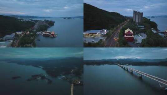 航拍杭州淳安县千岛湖大桥城市夜晚风景4K高清在线视频素材下载