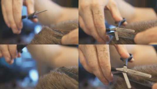 理发师在沙龙修剪客户棕色头发高清在线视频素材下载