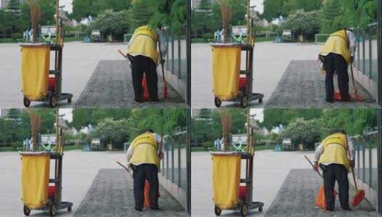 黄背心环卫保洁在扫路面高清在线视频素材下载