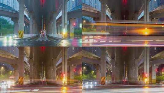 城市立交桥轻轨交通车辆路口雨夜下雨高清在线视频素材下载