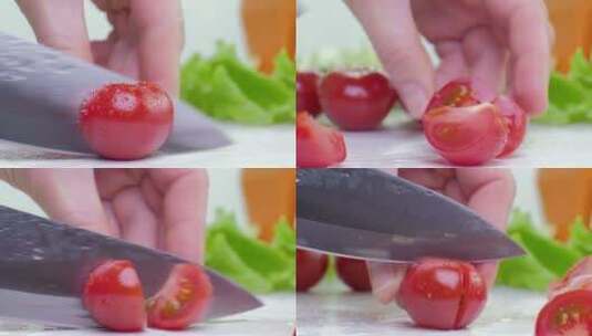 特写用小刀将番茄切成块高清在线视频素材下载