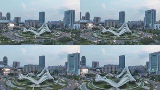 武汉光谷国际广场航拍转盘车流交通俯拍圆盘高清在线视频素材下载