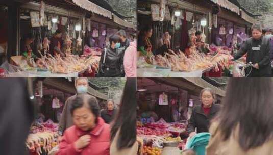 成都曹家巷露天菜市场水果鸡肉摊贩生意兴隆高清在线视频素材下载