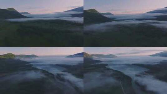 航拍夏季清晨云雾笼罩的新疆喀纳斯湖合集高清在线视频素材下载