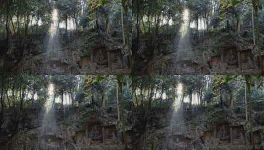 杭州灵隐寺日光照射岩壁上的石佛高清在线视频素材下载