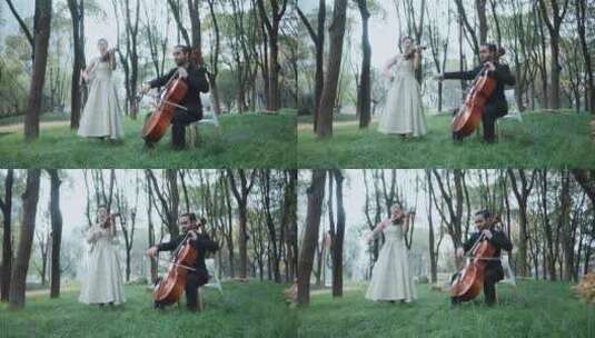 美女小提琴和外国人大提琴合奏高清在线视频素材下载