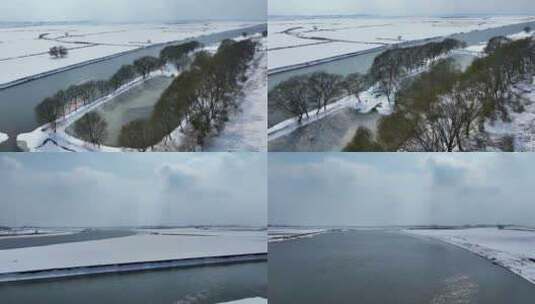 航拍淮河王家坝四里湖平原雪景风光4K高清在线视频素材下载