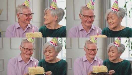 许愿家庭戴派对帽的老年夫妇在家一起庆祝生高清在线视频素材下载