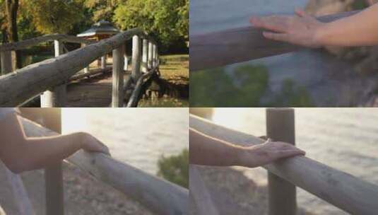 手触摸坚硬粗糙的木桥木材表面高清在线视频素材下载