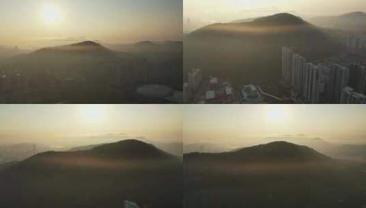 航拍枣庄新城巨山巨蟒缠玉带景象高清在线视频素材下载