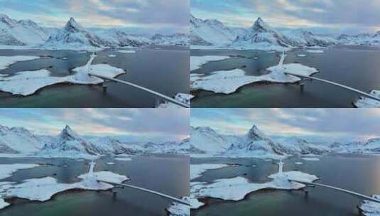 挪威罗弗敦群岛北极圈雷纳冬季雪景高空航拍高清在线视频素材下载