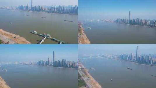 地标武汉长江远眺绿地中心CBD航拍视频高清在线视频素材下载