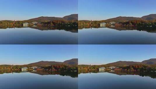 江苏南京灵山风景区前湖秋天秋色航拍高清在线视频素材下载