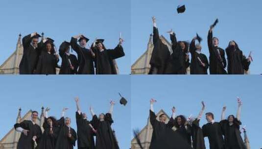 毕业生开心的将毕业帽扔向空中高清在线视频素材下载