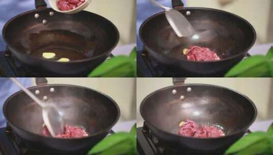 炝锅炒制葱爆牛肉高清在线视频素材下载