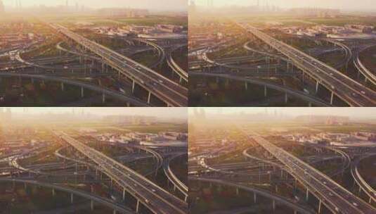 航拍夕阳下杭州萧山机场城市大道高架车流高清在线视频素材下载