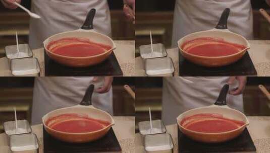 番茄榨汁熬制西红柿底料高清在线视频素材下载