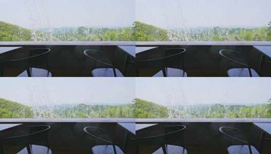 餐馆空座玻璃窗外人工瀑布慢镜头高清在线视频素材下载