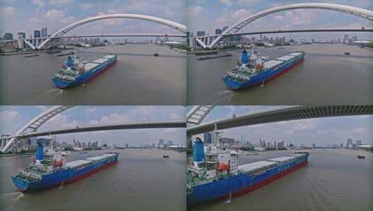 黄浦江船只穿越卢浦大桥航拍高清在线视频素材下载