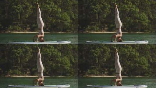 桨板上练习瑜伽的女人高清在线视频素材下载