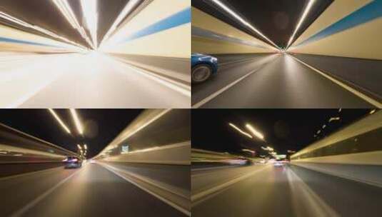 夜晚驾车开车乘车行驶在城市隧道道路上延时高清在线视频素材下载