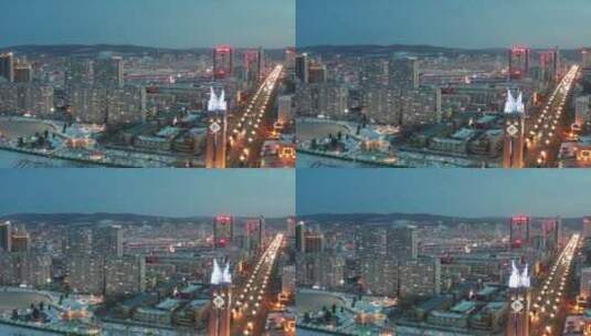 黑龙江省七台河市夜景城市风光航拍高清在线视频素材下载