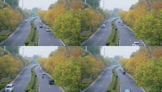 北京五彩的秋天蜿蜒曲折的公路和行驶的汽车高清在线视频素材下载