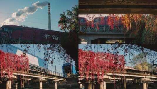 铁路桥列车大烟囱红叶合集高清在线视频素材下载