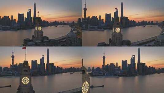 上海外滩陆家嘴日出航拍海关大楼前景高清在线视频素材下载