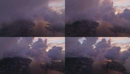 香港维多利亚港日落穿云大景航拍高清在线视频素材下载