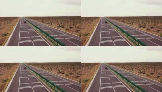 4k阿拉善国道218公路上的汽车航拍高清在线视频素材下载