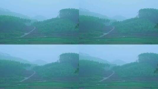 乡村田园绿色山林下雨天气雾气朦胧自然风光高清在线视频素材下载