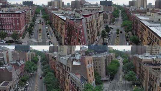 城市航拍纽约曼哈顿哈林区摩天大楼汽车街道高清在线视频素材下载