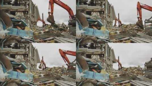 挖掘机拆除体育场附近的瓦砾高清在线视频素材下载
