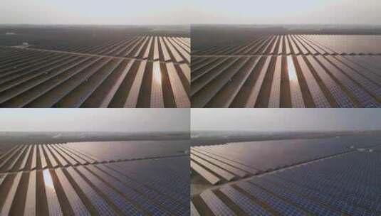 早春日落时，无人机观察太阳能农场的大型太阳能电池板高清在线视频素材下载