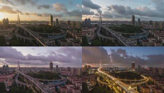 上海城市延时杨浦大桥晚霞日转夜高清在线视频素材下载