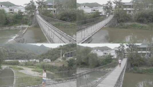 美女在新乡村吊桥木桥上走过桥高清在线视频素材下载