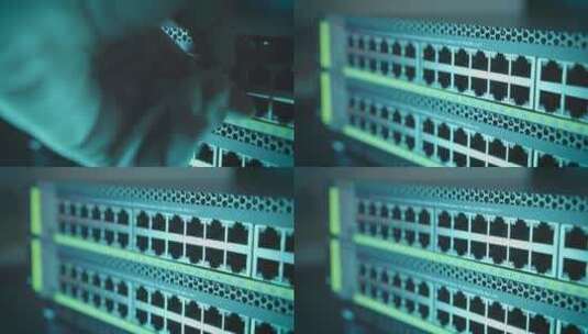 电缆从以太网互联网交换机端口拔出。平移镜头，多服务器路由器网络高清在线视频素材下载