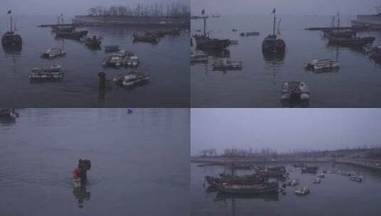 多镜头合集傍晚海边渔船渔民捕鱼归来码头高清在线视频素材下载