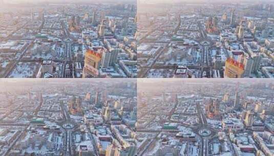 中国黑龙江哈尔滨城市雪景航拍高清在线视频素材下载