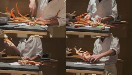 日料店厨师师傅处理新鲜的秋叶蟹高清在线视频素材下载