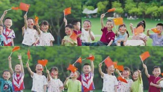 国庆节中国梦小孩草坪摇旗子祝福祖国儿童节高清在线视频素材下载