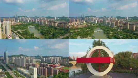 航拍枣庄新城龙潭公园高清在线视频素材下载