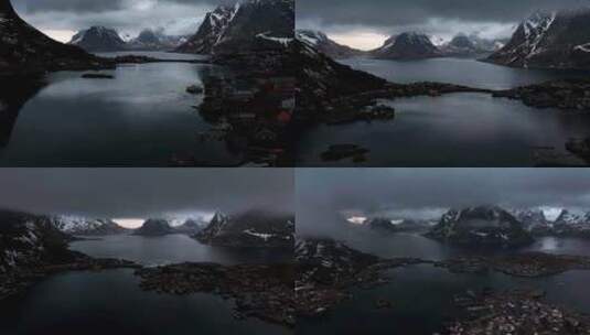4K航拍挪威罗弗敦群岛云雾下的风光高清在线视频素材下载